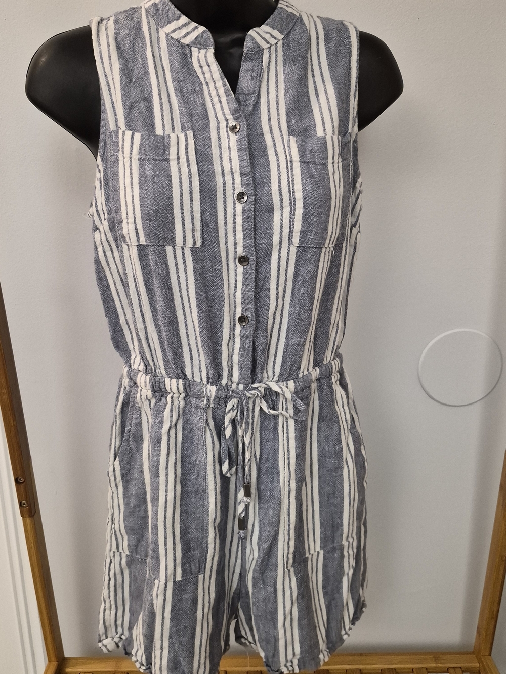 Striped Grey-blue and White Sleeveless Romper
